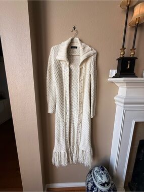 Long Cream Fringe Knit Cardigan Sweater